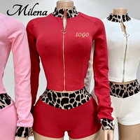 Ensemble sportif pour femme Milena, veste et short à imprimé léopard, patchwork, fermeture éclair, col montant, style streetwear, logo personnalisé