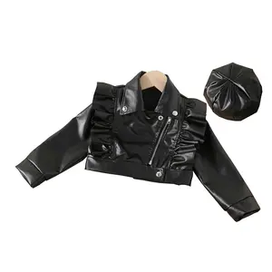 Chaquetas de cuero de imitación para niña, abrigo para niña con cuello vuelto, Chaqueta corta con cremallera negra para motocicleta, 2023