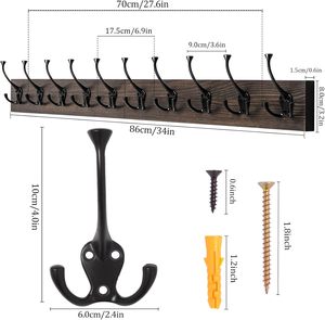 Porte-manteau mural avec 10 crochets décoratifs, 34'' de long, couleur <span class=keywords><strong>bois</strong></span> vieilli, tringle rustique pour entrée - Product Image 2