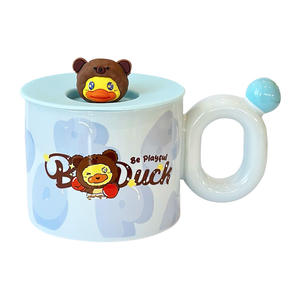 B.Duck Ceramic <b>Mug</b> With Lid And Handle Cartoon Design For <b>Travel</b> Single Cup Orange Blue Pink Yellow - Product Image 5