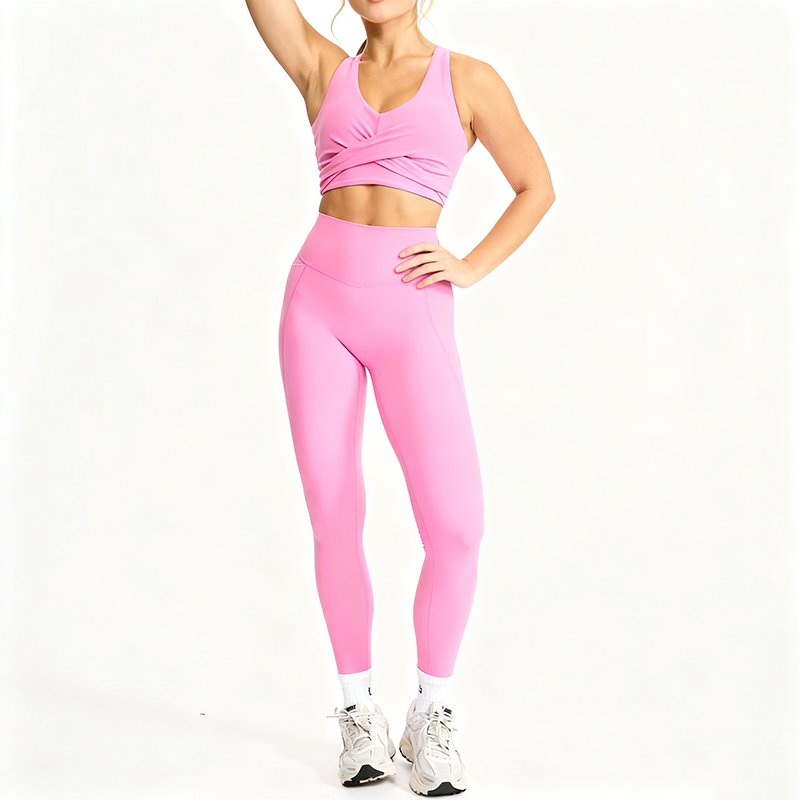 Women's Pink Yoga Set-Cross Front Sports Bra Mid-Waisted Leggings 2-Piece Gym Wear Four-Way Stretch Breathable Sweat-Wicking