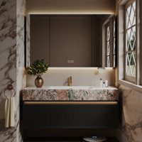 Meuble-lavabo flottant moderne à panneaux cannelés, avec vasque intégrée thermoformée, en bois massif, et armoire de salle de bain avec miroir de rangement à éclairage LED