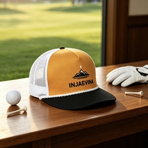 Custom 5 Panel <b>Flat</b> Brim Trucker <b>Hat</b> With Rope Two Tone Color Block Embroidered Logo Snapback Vintage Outdoor Mesh Baseball Cap - Product Image 5