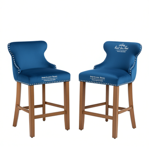 Contemporary Wing Back <b>Barstools</b> Blue <b>Velvet</b> Upholstered Wooden Legs Chrome Nailhead Trim Set Of 2 - Product Image 1