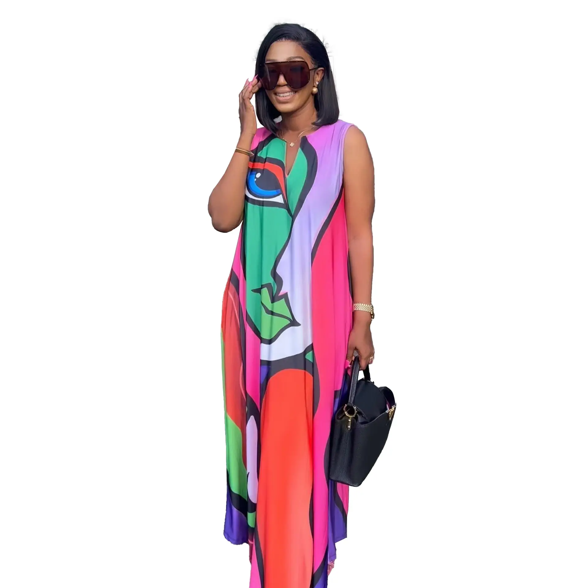 ZIYA A07L34プラスサイズの女性のためのホット販売プリントルーズフロアセクシーなドレス