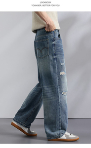 Jeans de mezclilla al por mayor para hombre, corte recto, ajuste regular, holgados hasta la rodilla, pierna ancha, rasgados, estilo baggy - Product Image 3