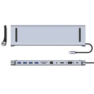 11 ב 1 סוג c רכזת הרחבת Dock תחנת עגינה למחשב נייד סוג C כדי HDTV VGA USB 3.0 SD RJ45 פ"ד 3.5mm אודיו USB C תחנת עגינה