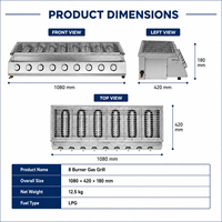 Barbecue au gaz GPL commercial à 8 brûleurs, 1080 mm, en acier inoxydable, pour table, avec boutons indépendants et allumage piézoélectrique