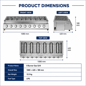 Parrilla de Gas LPG Comercial de 8 Quemadores, Parrilla de Mesa de Acero Inoxidable de 1080 mm con Perillas Independientes e Ignición Piezoeléctrica - Product Image 3