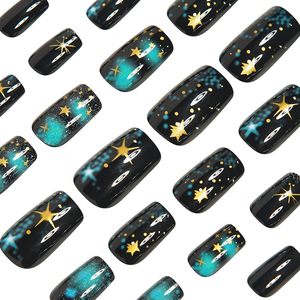 Unghie Finte Medie Quadrate con Cielo Stellato <span class=keywords><strong>Nero</strong></span>, Design Artistico in Rilievo, Stelle Sfumate, Unghie Acriliche a Copertura Totale per Donne e Ragazze, 24 Pezzi - Product Image 4