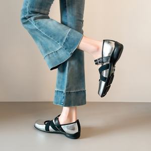 Ballerines gothiques <span class=keywords><strong>en</strong></span> <span class=keywords><strong>cuir</strong></span> verni véritable argenté pour femmes, <span class=keywords><strong>sandales</strong></span> à lacets avec nœud pour femmes - Product Image 4