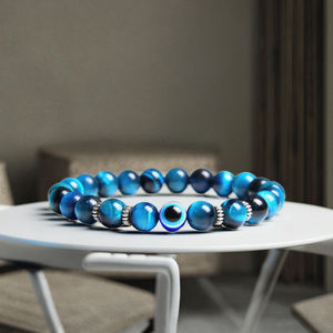 Perle de 8 mm en pierre naturelle de lave tibétaine et œil de tigre, pour bracelet, avec motif œil de diable bleu grec turc porte-bonheur, et boule en alliage, idéale pour cadeaux - Product Image 3