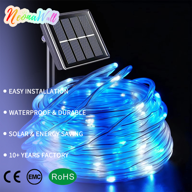 Neonawall Wholesale Solar Christmas Copper String Lights 200LED Blue White 8 Modes Clear Tube IP65 Rechargeable Indoor/Outdoor