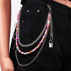 yueli Unisex Waist Chain Zinc Alloy Multi Layered Colorful Beaded Hip Hop <b>Padlock</b> Pendant Daily Wear Accessory - Product Image 1