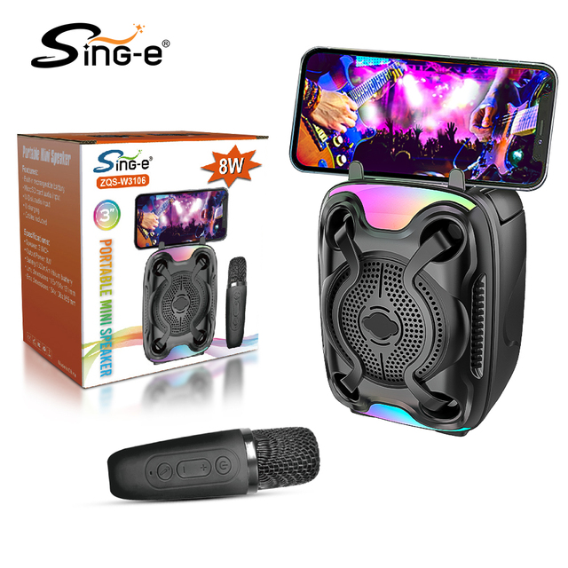SING-E ZQS-W3106 All-in-One Mini RGB Karaoke Speaker Mics BT TF Play & Phone Stand Perfect for Family Gatherings & Camping Fun