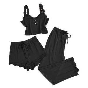 Women's Summer 3PCS <b>Pajama</b> <b>Sets</b> Solid Vest Shorts and Pants Paired with Lace Splicing for Homewear Sexy Sleepwear <b>Sets</b> - Product Image 4