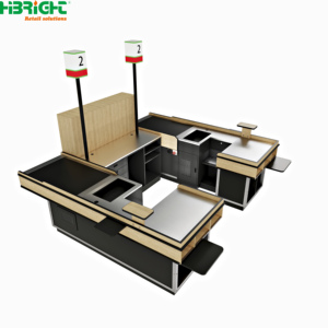Modern Retail <b>Checkout</b> <b>Counter</b> Cashier Desk POS <b>Counter</b> with Display Shelves Basket Rack for Supermarket Store - Product Image 5