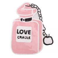 Patch Bordir Botol Parfum Payet Pink, Patch Payet Huruf LOVE dengan Rantai, Aplikasi Payet untuk Gaun, Jaket, Tas Wanita, Fashion