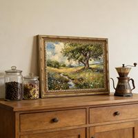 Tableau mural vintage avec cadre doré, paysage champêtre d'arbres de chêne, impression nature rustique, décoration, échantillons OEM ODM prêts en moins d'une journée