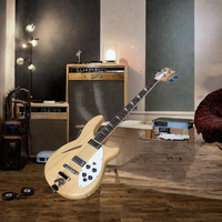 Guitare basse électrique couleur bois naturel avec 4 cordes, corps semi-creux en tilleul, micros H-H, touche en palissandre