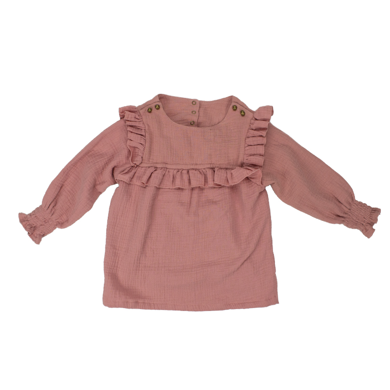 Лидер продаж, рубашка для маленьких девочек, розовый муслиновый топ свободного кроя из 100% хлопка, эластичная рубашка с круглым воротником и длинными рукавами и оборками
