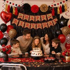 Décoration de fête, 80 pièces, kits de guirlandes de ballons rouges et dorés avec bannière Joyeux Anniversaire, rideau à franges, ensembles de ballons léopard et cerise - Product Image 1