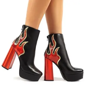 Boyutu 47 geri fermuar platformu kısa çizmeler bayanlar için kırmızı alev yüksek tıknaz topuklu kadın kışlık botlar