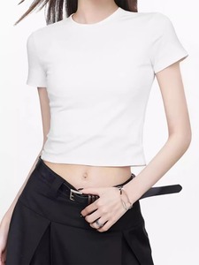 T-Shirt Crop Top da Donna in Stile Americano Retrò, 230g, 92% Cotone 8% Spandex, Vestibilità Slim, Logo Personalizzato, Nero - Product Image 2