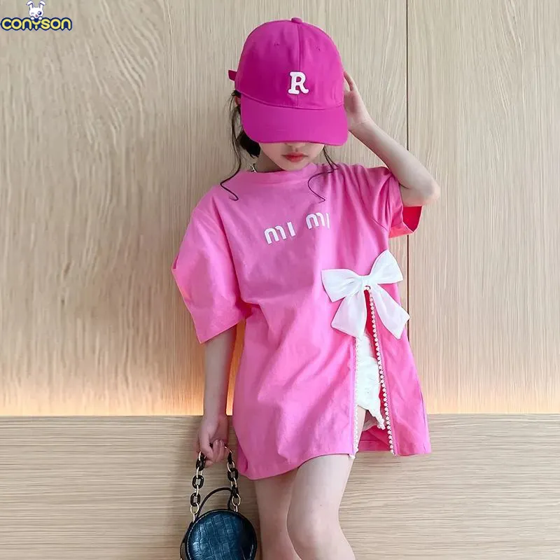 Conyson factory price korea fashion designers bowknot toddler kids summer casual Dresses princess baby girl Long Sweater Dress
