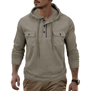 Healy 26-27 <b>Men</b> Drawstring Hoodie 3 Button Placket Double Chest Pocket Soft Cotton Blend Casual Work Long Sleeve <b>Pullover</b> - Product Image 3