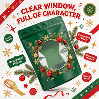 Pochette vert de Noël à fenêtre transparente, sac d'emballage réutilisable à fermeture éclair imprimé couronne de Noël pour bonbons et cadeaux