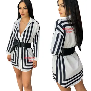 Hot Selling Women Brand Black And White Stripe Short Long Sleeve Fashionable Casual Shirt Dress