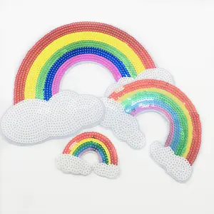NEW ARRIVAL Custom iron on sequin embroidered big rainbow Patches for kids clothing bag