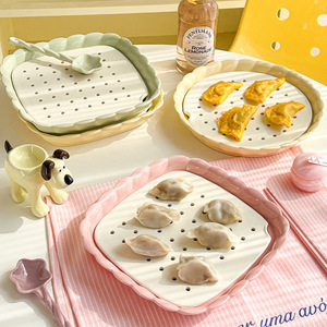 <b>Ceramic</b> Flower Shaped Dumpling Plate Oil Draining Fruit Plate Multifunctional Steamer Double Layer Baking <b>Pan</b> Steam Sheet Oil - Product Image 2
