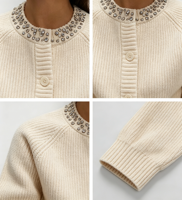 Cardigan en tricot de coton pour femme, luxe et détente, col perlé de cristaux, manches raglan, tricot côtelé épais et doux, pull tricoté pour femme