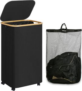 100L Space Saving Collapsible <b>Laundry</b> <b>Basket</b> <b>with</b> <b>Wheels</b> and Removable Wash Bag Cotton Blend Material - Product Image 1