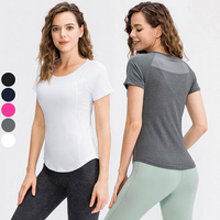 T-shirt de yoga pour femme 2026 tendance, en Spandex/Nylon, haut de sport respirant en maille, à manches courtes, col rond, pour l'été