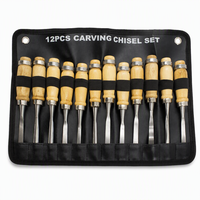 Ensemble de 12 ciseaux à bois avec manche en bois, kit d'outils de sculpture manuelle pour le travail du bois avec sac de transport
