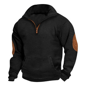 Sudadera Casual de Hombre para Otoño/Invierno con Cremallera Frontal, Parche de Ante, Tejido Waffle Negro, Antipilling, con Capucha, para Ocio - Product Image 1