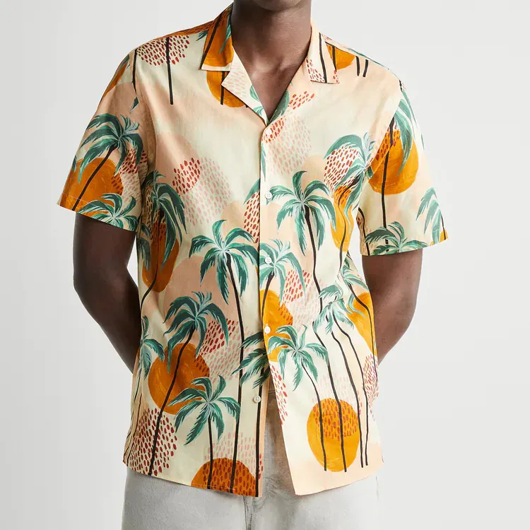 Yüksek kaliteli özel tasarım rahat fit yaz plaj kısa kollu keten pamuk baskı erkek gömlek