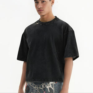 Productos populares calientes 100% algodón de manga corta desgastado recortado Boxy Tee personalizado hombres O cuello negro camisetas - Product Image 1