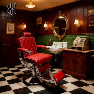 Fauteuil de barbier professionnel de qualité supérieure, inclinable, portable, rétro, en cuir rouge, avec pompe hydraulique robuste - Product Image 1