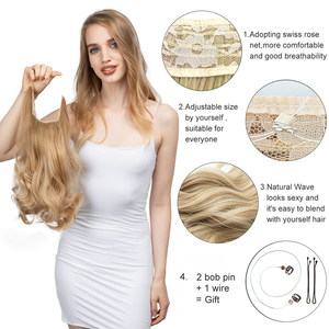 Extensiones de <span class=keywords><strong>Cabello</strong></span> Largo Ondulado de Fibra de Alta Temperatura con Alambre Invisible, Color Rubio, para Mujer, Marca Privada al por Mayor - Product Image 4