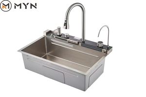 Fregadero de cocina inteligente <span class=keywords><strong>MYN</strong></span> con grifo de cascada, fregadero de cocina negro de panal biónico con ranura única grande de acero inoxidable - Product Image 6