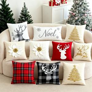 Sarung bantal dekoratif Natal putih mewah pemandangan musim dingin bordir dengan pohon dan kepingan salju untuk dekorasi rumah meriah - Product Image 1