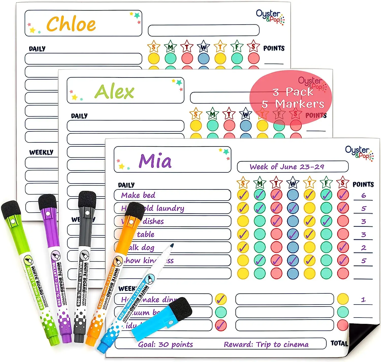 चुंबकीय Chore चार्ट कई बच्चों और वयस्कों के लिए 3pcs-5 ठीक टिप मार्करों-सूखा मिटा रेफ्रिजरेटर Whiteboards