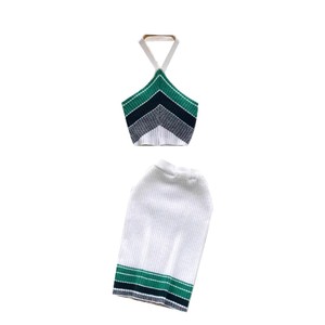Custom Made Color Blocked Knit Halter Top And High Waisted Bodycon Skirt <b>Set</b> For Women Summer Wear - Product Image 5