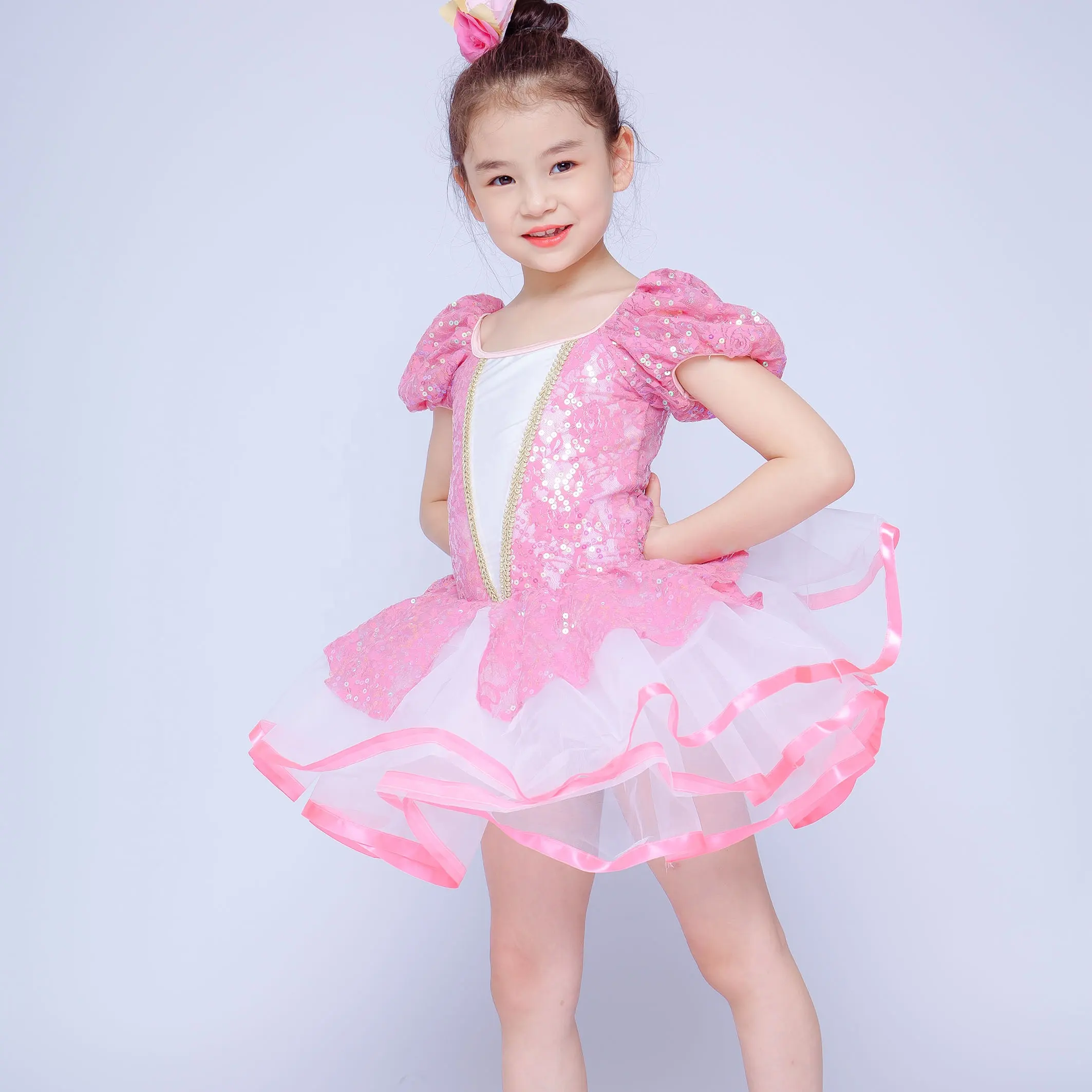 Girl's Romantic dance Dress pink lace stage Performance Ballet Tutu puff sleeve girl lovely dance wear