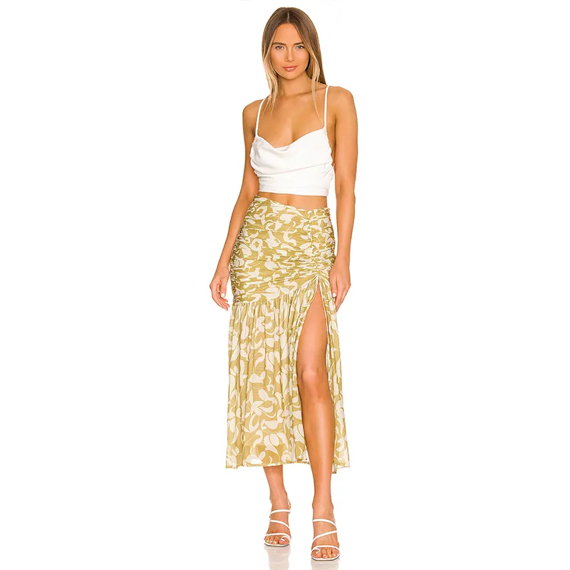 Hot Sale Women Casual Skirt High Waist Side Ruched Drawstring Midi Skirt