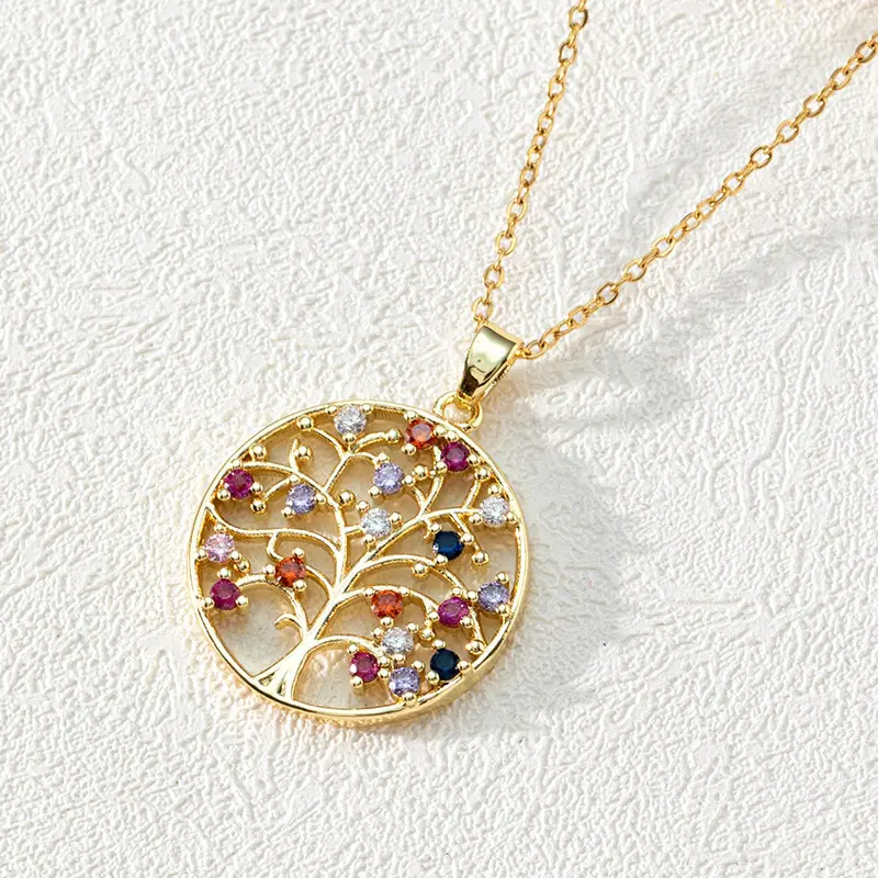 Popular Round Hollow Tree of Life Pendant Necklace Gold-plated Zircon Choker Clavicle Chain Stainless Steel 18K Brass Vintage